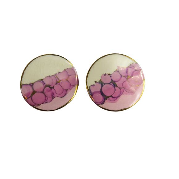 1980s Vintage Earrings Pink Abstract Watercolor Circle Studs - Picture 1 of 7